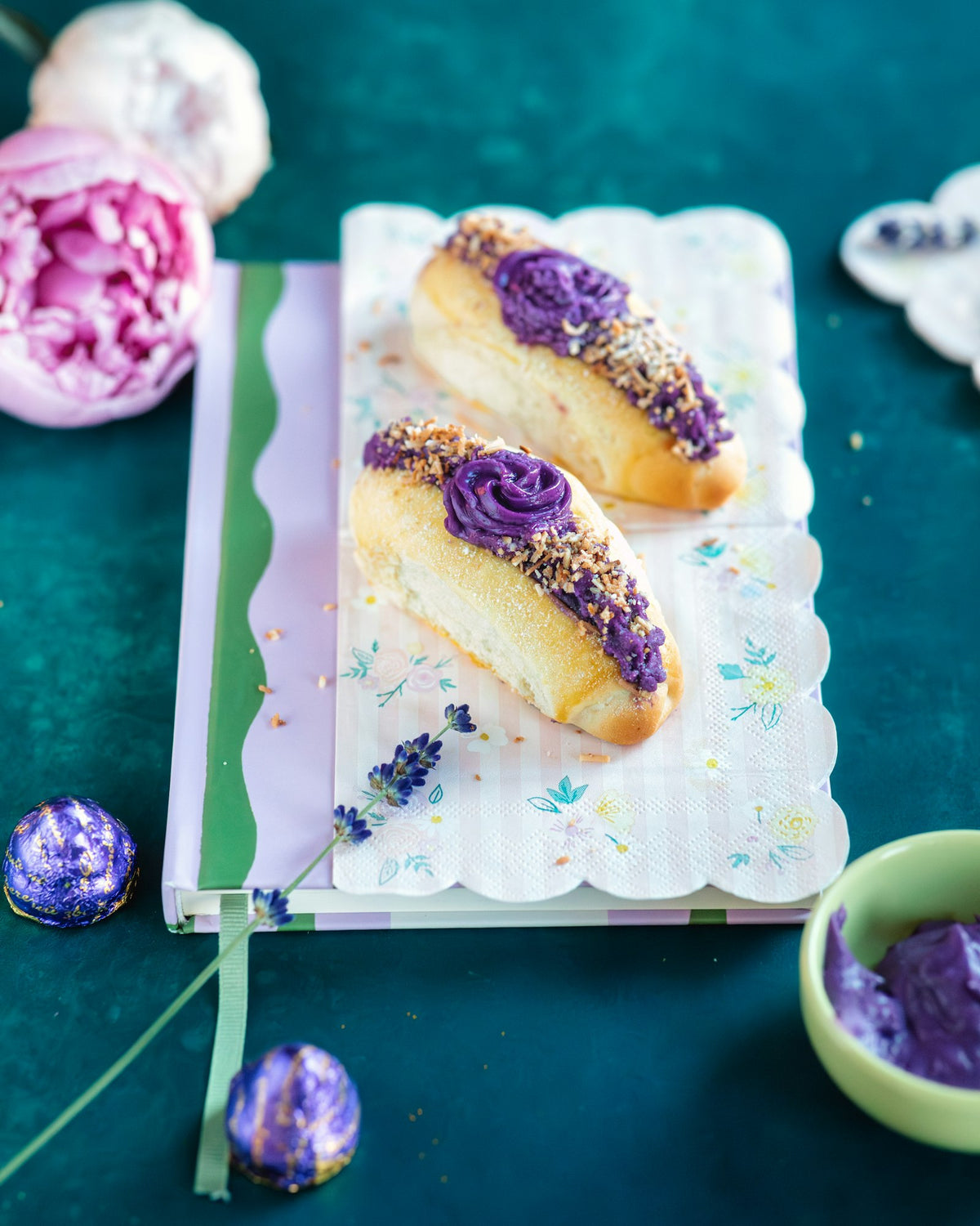Ube crinkle cookies with powdered sugar, made by baking with ube powder