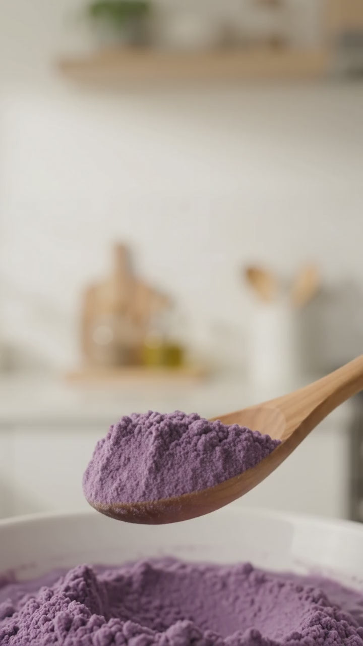 Ube smoothie bowl with fresh berries