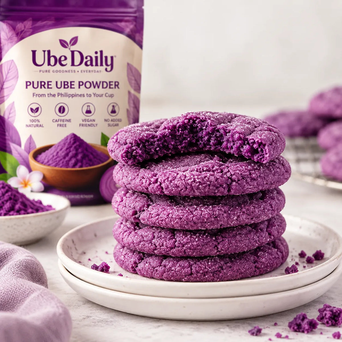 Stack of purple ube pancakes made with Ube Daily ube powder